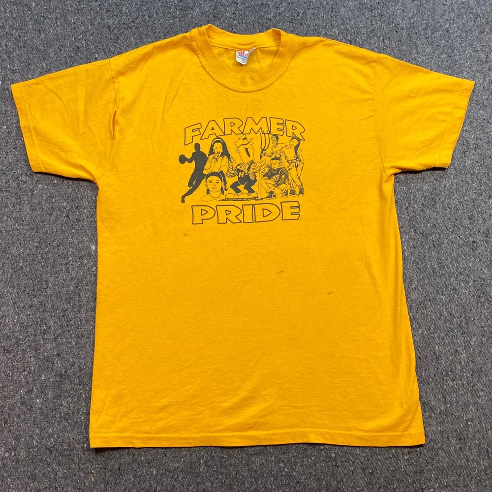 Farmer Pride TShirt Sz M Unisex Yellow Skater Grunge Graphic Cartoon Mascot 90s